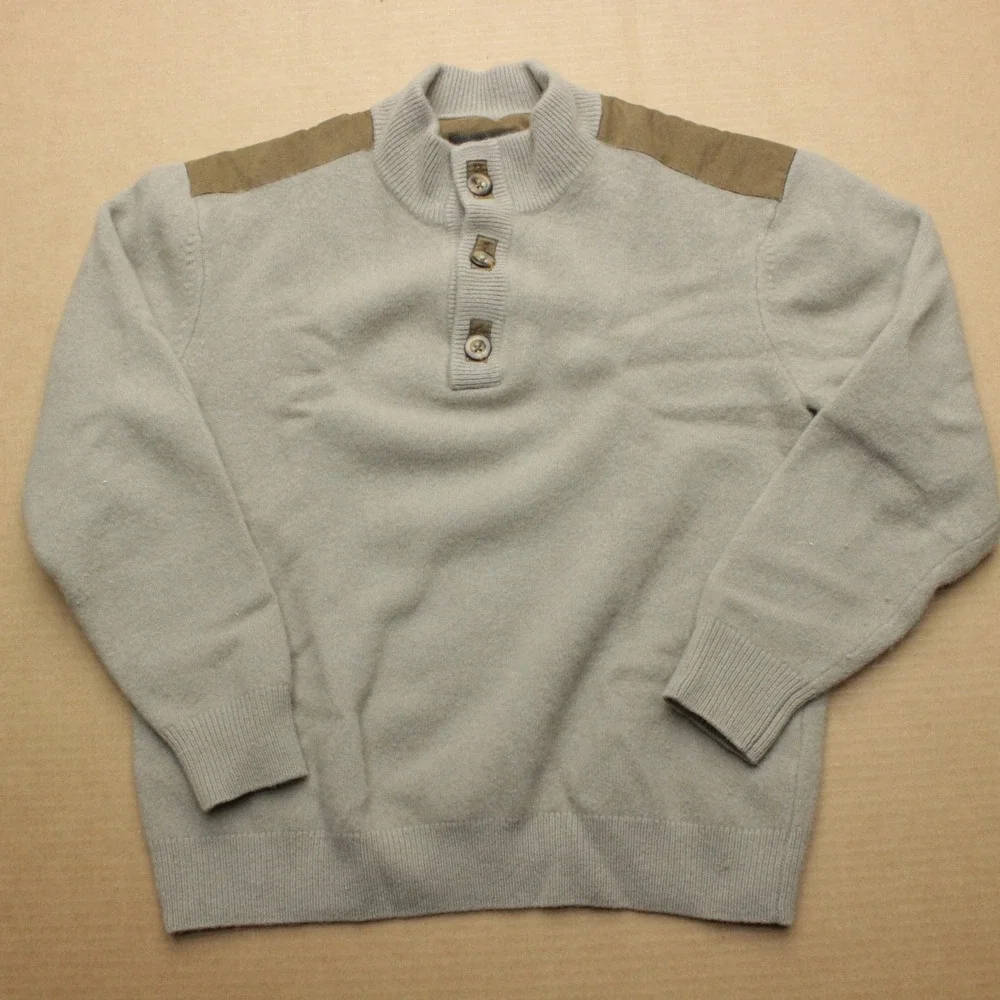 Cabelas 100% Lambswool Sweater Mens L Beige Mock Neck Henley Button Pullover